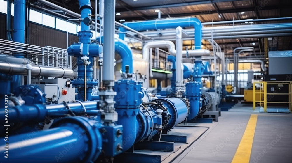 Oil and gas processing plant with pipe line valves. Pipelines in a gas compression station, generative ai Oil and gas processing plant with pipe line valves. Pipelines in a gas compression station, generative ai