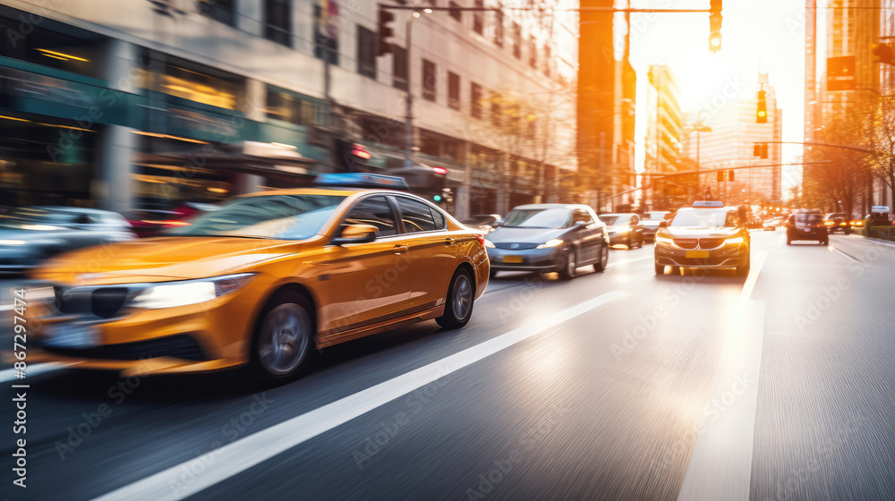 Cars in movement with motion blur. A crowded street scene in downtown,, generative ai Cars in movement with motion blur. A crowded street scene in downtown,, generative ai