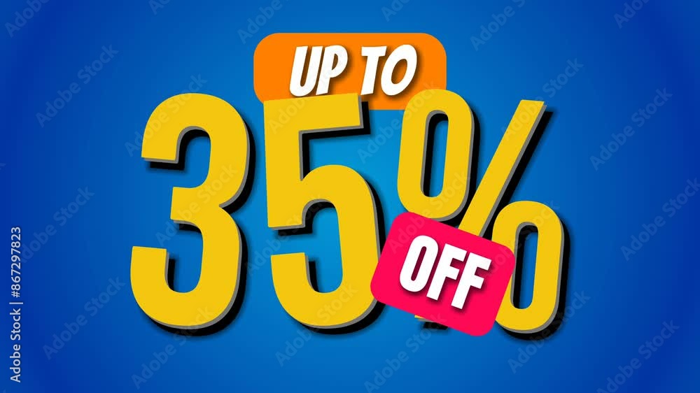 UP TO 35% OFF - Set of seamless looping banner text promotion animation with a blue background. UP TO 35% OFF - Set of seamless looping banner text promotion animation with a blue background.