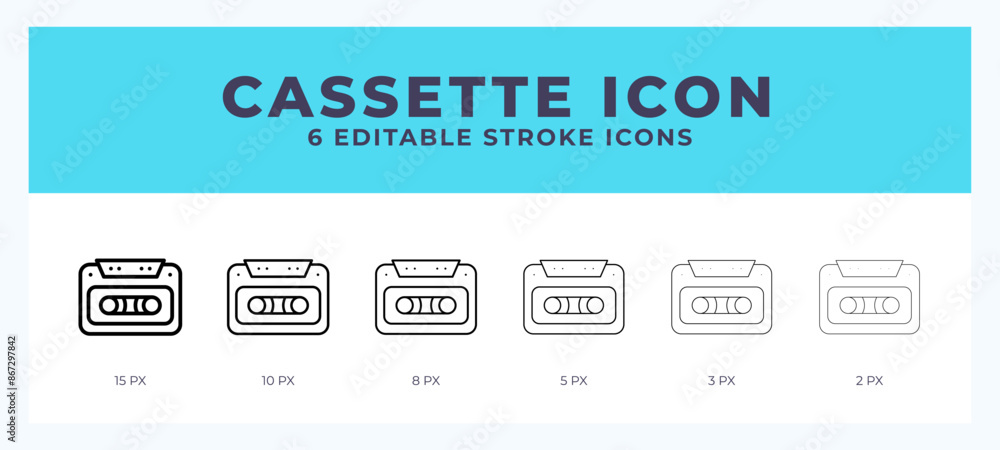 Cassette icon set with different stroke. Vector illustration with editable stroke. Cassette icon set with different stroke. Vector illustration with editable stroke.