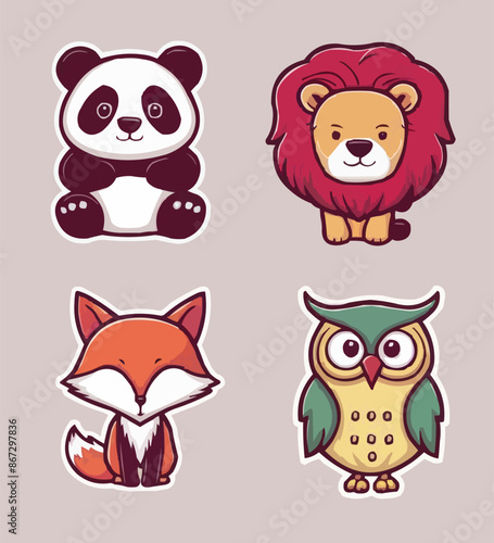 Cute Animals printable stickers clipart vector illustration set