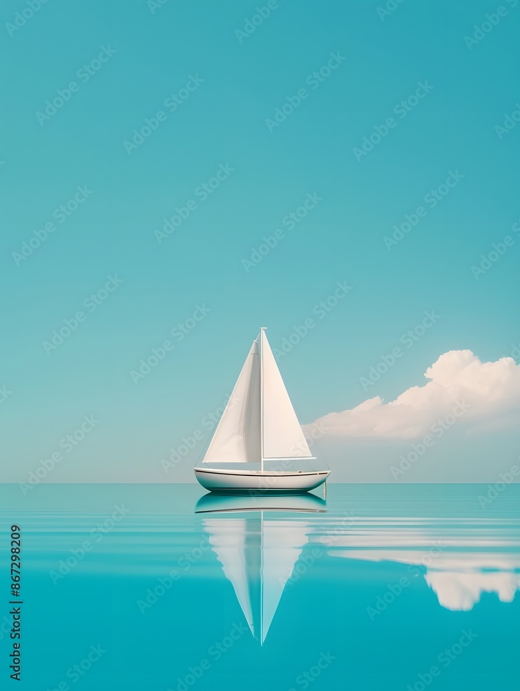 Obraz premium A small sailboat glides across a calm turquoise sea with a single white cloud in the sky.