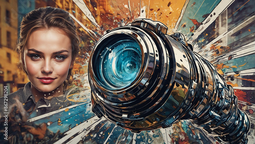 A dynamic, surreal image of a lens exploding with vibrant energy, juxtaposed with a woman's face, blending technology and human elements. photo