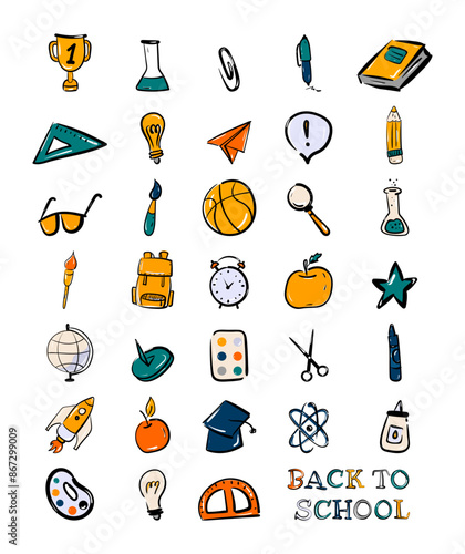 Colorful hand drawn set of illustrations, back to school icons.