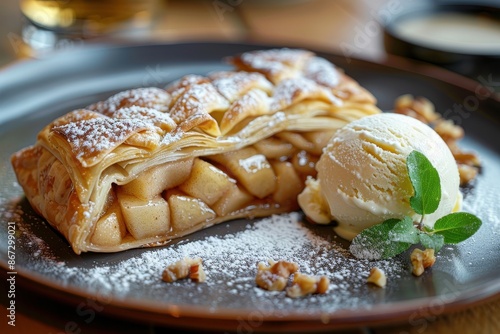 Apple Strudel with Ice Cream and Walnuts