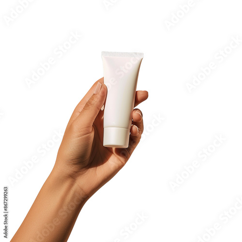 image of a female hand holding white cosmetic on a white background. generative ai photo