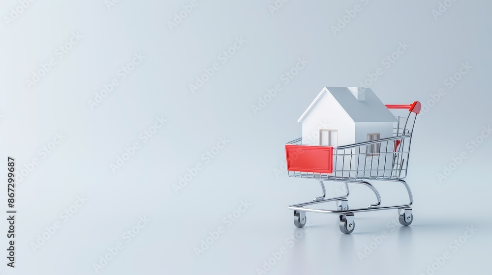 Home buyer concept with mock up house in shopping cart, isolated on light background, 3d rendering Home buyer concept with mock up house in shopping cart, isolated on light background, 3d rendering