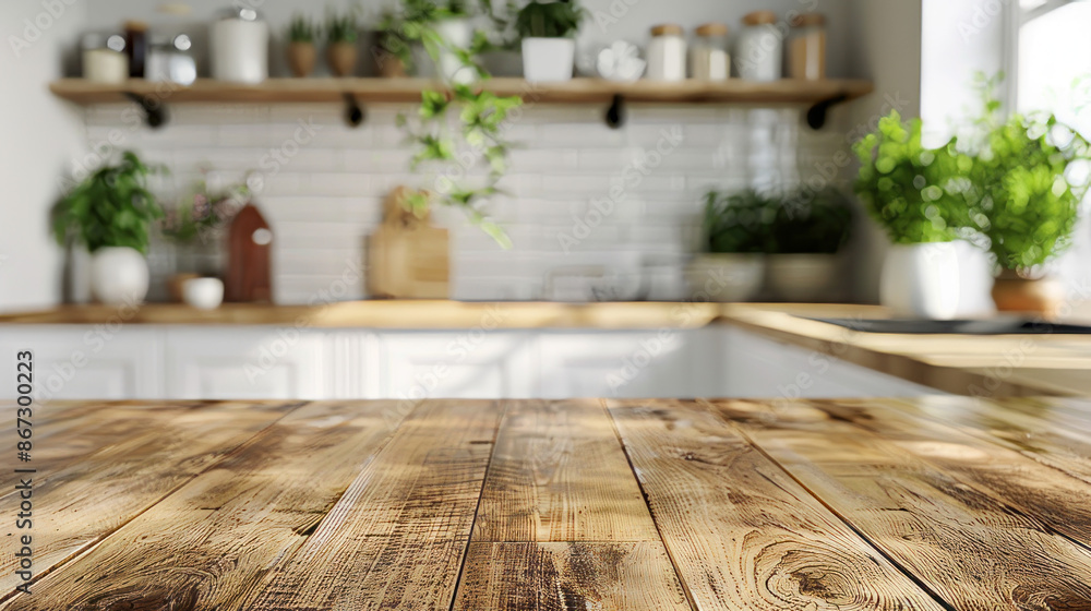 Cozy wooden kitchen counter with a blurred white background. Perfect for showcasing your dining or kitchen decor. Cozy wooden kitchen counter with a blurred white background. Perfect for showcasing your dining or kitchen decor.