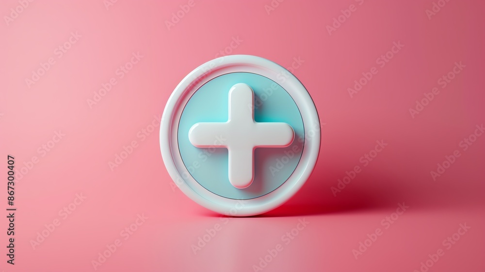 Front view 3D render of a health icon featuring a cross inside a circle, representing healthcare and medical services, with a sleek and professional design