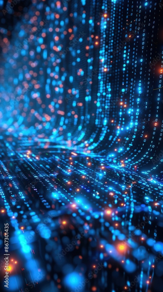 Computer screen with blue binary data, digital background, glowing numbers, high resolution, futuristic tech vibe, bright and intricate, generative AI Computer screen with blue binary data, digital background, glowing numbers, high resolution, futuristic tech vibe, bright and intricate, generative AI