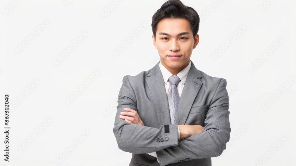 A portrait of a young Asian businessman in a grey suit with his arms crossed, looking directly at the camera with a confident expression. The background is a simple white backdrop A portrait of a young Asian businessman in a grey suit with his arms crossed, looking directly at the camera with a confident expression. The background is a simple white backdrop