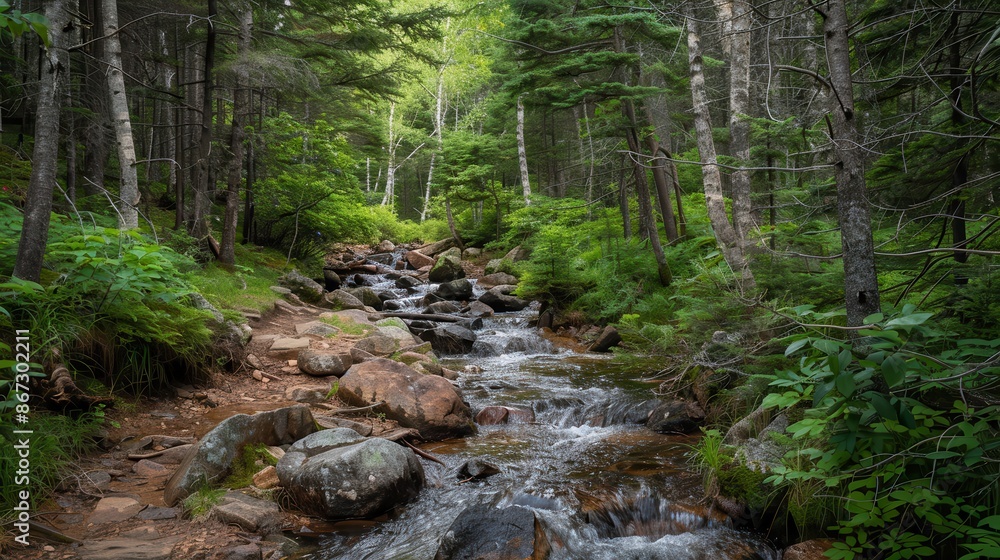 The rugged paths and rocky terrain of a remote wilderness, where the dense woods and crystal-clear streams offer a serene escape into nature's embrace The rugged paths and rocky terrain of a remote wilderness, where the dense woods and crystal-clear streams offer a serene escape into nature's embrace