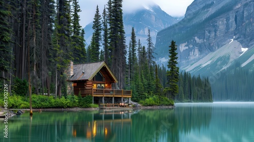 A secluded cabin nestled among the serene beauty of a peaceful lake and dense woods, with the towering summits and rugged cliffs in the background creating a perfect retreat