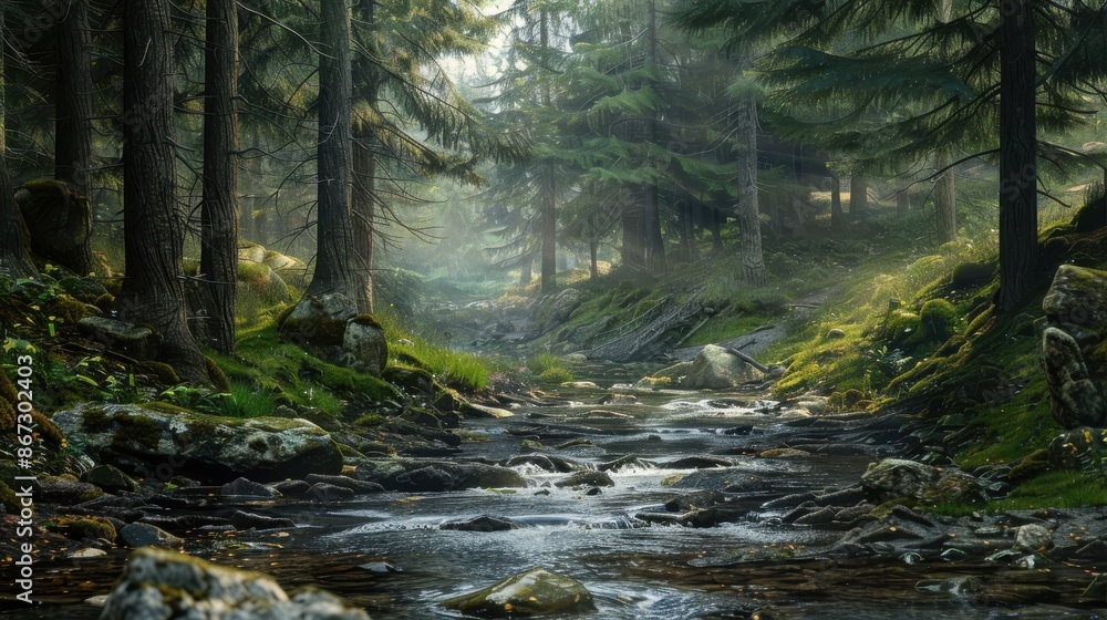 The rugged paths and rocky terrain of a remote wilderness, where the dense woods and crystal-clear streams offer a serene escape into nature's embrace The rugged paths and rocky terrain of a remote wilderness, where the dense woods and crystal-clear streams offer a serene escape into nature's embrace