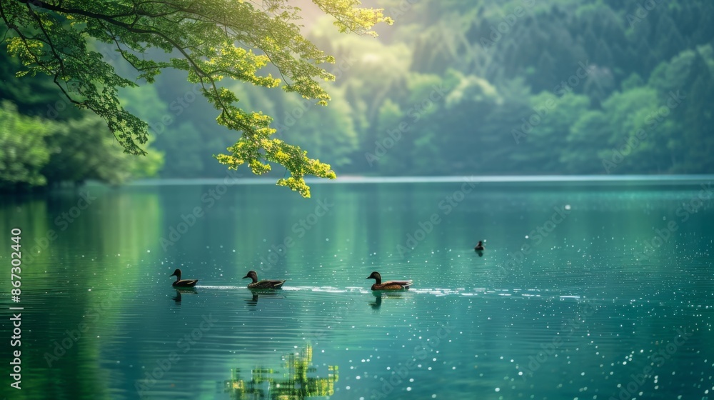 Ducks float on a beautiful lake full of greenery on a sunny day Ducks float on a beautiful lake full of greenery on a sunny day
