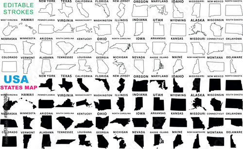 USA states map outlines and silhouettes, 50 America states, including New York, California, Texas, Florida, Ohio, vector illustration for educational, geographic, design, travel purposes.