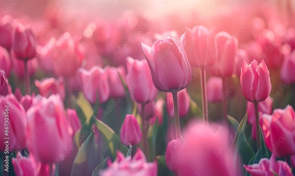 vibrant field of pink tulips stretching to horizon , Generative AI vibrant field of pink tulips stretching to horizon , Generative AI