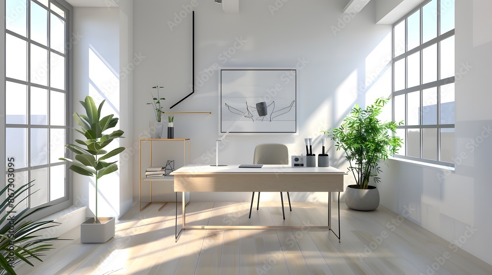 A simple 3D model of a minimalist business office with a single desk and minimal decor. List of Art Media Minimalist realistic A simple 3D model of a minimalist business office with a single desk and minimal decor. List of Art Media Minimalist realistic