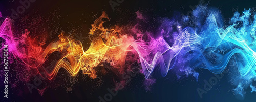 Craft a high-definition image of a colored music wave, with a fusion of vivid colors and intricate details, capturing the essence of the harmony between art and science.