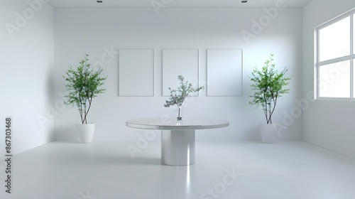 A simple 3D model of a minimalist business meeting area with a round table and clean lines. List of Art Media Minimalist realistic