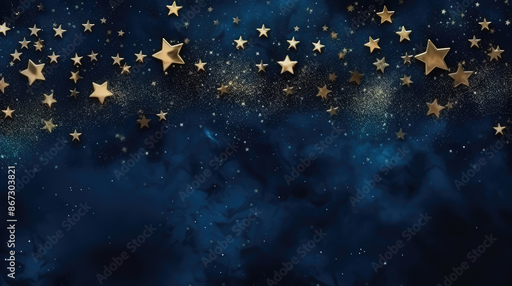 Abstract New year, Christmas background with gold stars and sparkling. Blue glitter vintage lights background. Gold foil texture, generative ai Abstract New year, Christmas background with gold stars and sparkling. Blue glitter vintage lights background. Gold foil texture, generative ai