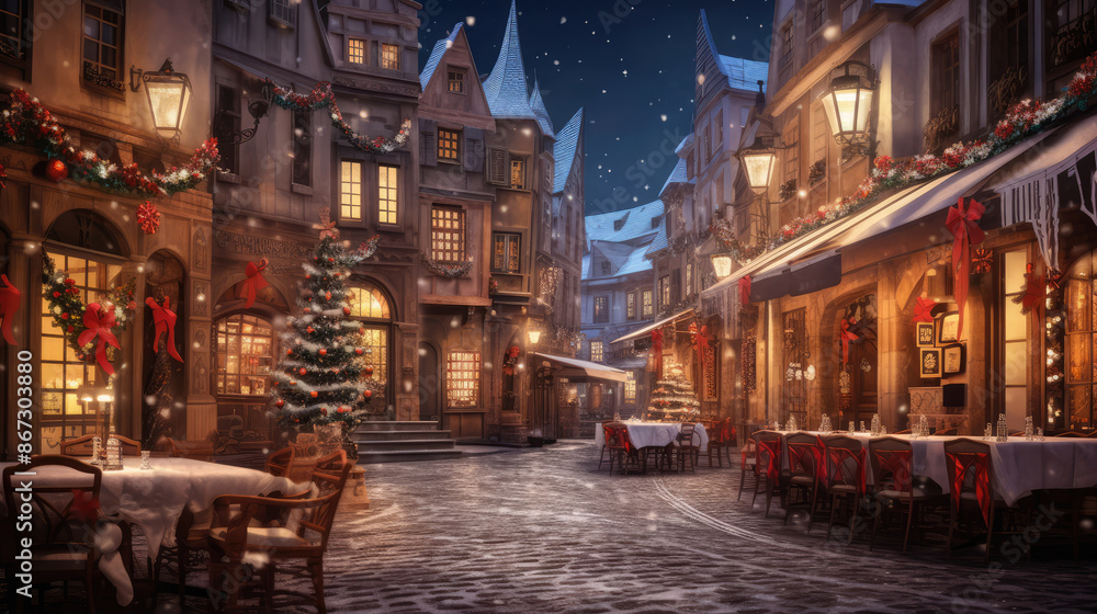 Fototapeta premium Christmas street and xmas cafe in old medieval city. Square decorated to Christmas time at evening. Christmas and 2024 New Year Holidays., generative ai