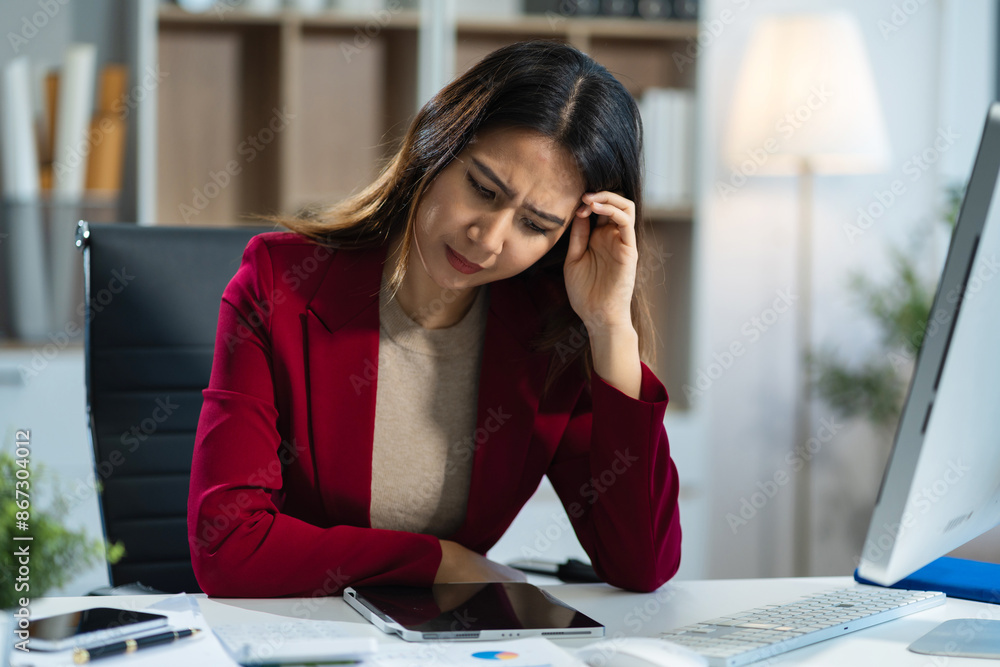 sad businesswoman is sitting at table, covering his face with his hand and on desk is laptop, tablet computer, Stress. sad businesswoman is sitting at table, covering his face with his hand and on desk is laptop, tablet computer, Stress.