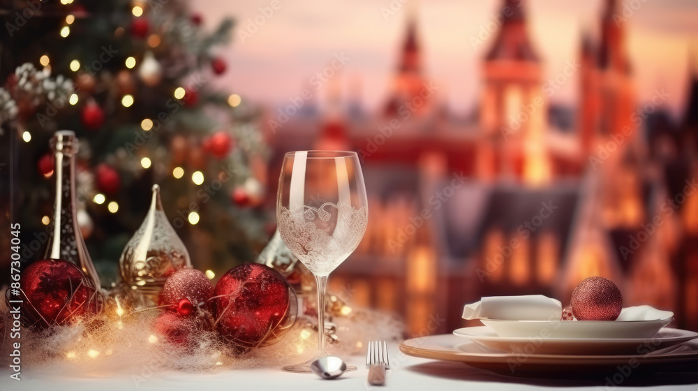 Christmas and New Year 2024. Blurred beautiful New Year table setting in red color, against the background of a decorated Christmas tree and a window with a winter town landscape,, generative ai Christmas and New Year 2024. Blurred beautiful New Year table setting in red color, against the background of a decorated Christmas tree and a window with a winter town landscape,, generative ai