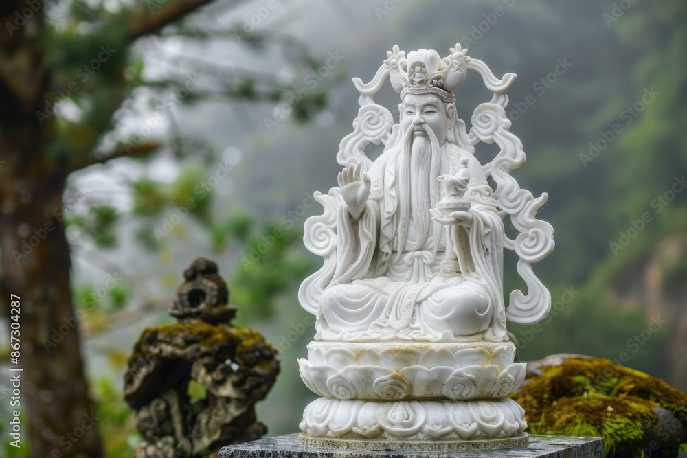 Serene white statue of a chinese deity sitting on a throne in a public park Serene white statue of a chinese deity sitting on a throne in a public park