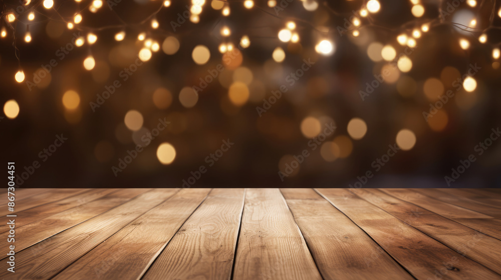 Empty Wood table top with decorative outdoor string lights at night time. Empty wood table top with blur bokeh light background. Festive glowing background,, generative ai Empty Wood table top with decorative outdoor string lights at night time. Empty wood table top with blur bokeh light background. Festive glowing background,, generative ai