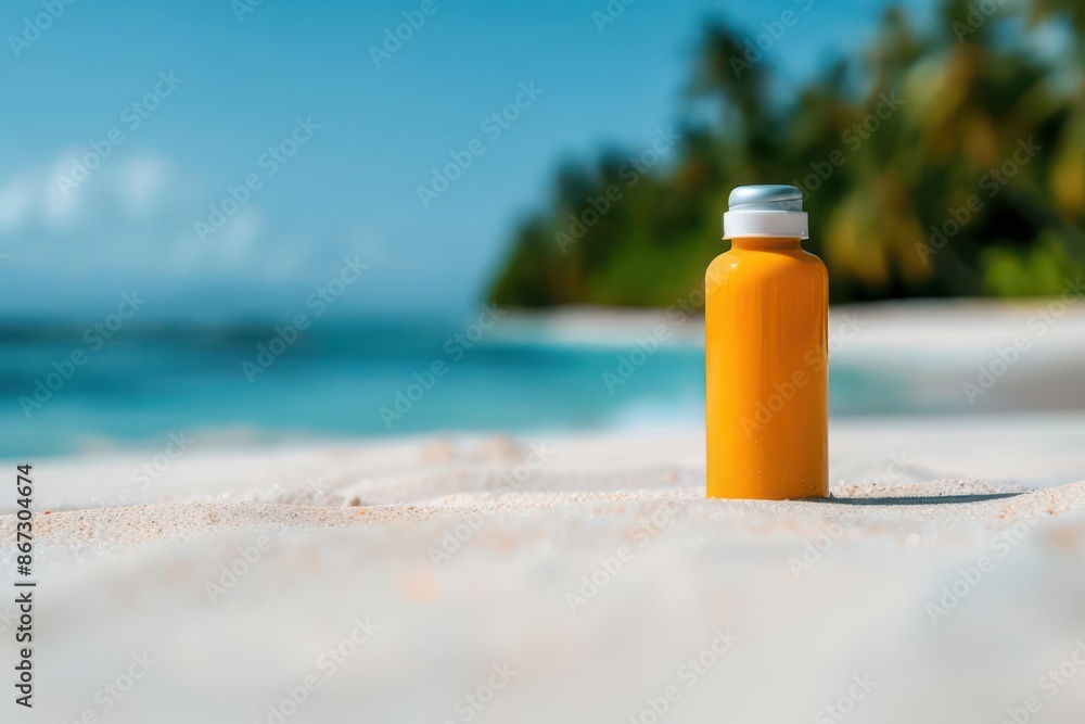 A bottle of sunscreen placed on a sandy beach, emphasizing sun protection during a tropical getaway A bottle of sunscreen placed on a sandy beach, emphasizing sun protection during a tropical getaway