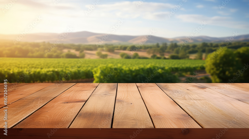 Empty Wood table top on blurred vineyard landscape background, for display or montage your products. Agriculture winery and wine tasting concept., generative ai Empty Wood table top on blurred vineyard landscape background, for display or montage your products. Agriculture winery and wine tasting concept., generative ai