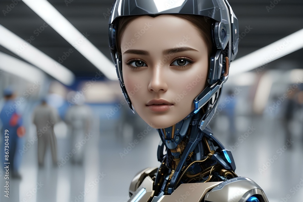 Portrait of female robot on blurred background. Ai Generated Portrait of female robot on blurred background. Ai Generated