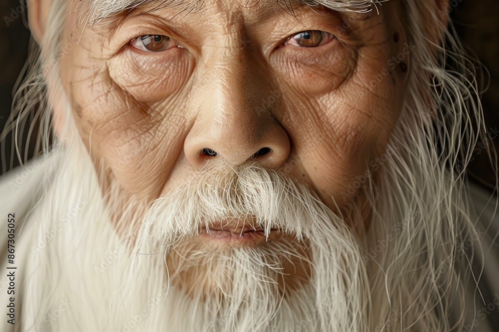 Close up of a senior asian man with a long white beard and mustache Close up of a senior asian man with a long white beard and mustache