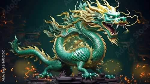 Wallpaper Mural Emerald Gold Chinese Dragon. Chinese new year 2024 year of the green Wood dragon , Chinese zodiac symbol, Lunar new year concept. The symbol of the year 2024 dragon,, generative ai Torontodigital.ca