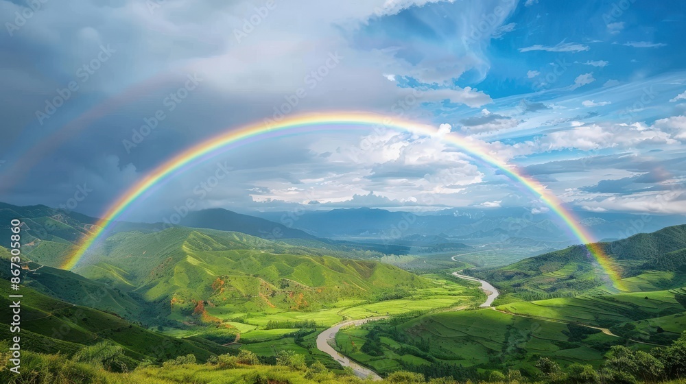Obraz premium Stunning rainbow arching over a verdant valley with a river winding through it, under a sky clearing after a storm