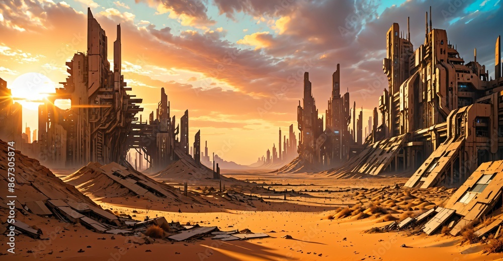 Naklejka premium desert sci-fi cyberpunk city at sunset. futuristic dystopian town buildings and tall towers on the horizon. abandoned ghost town.
