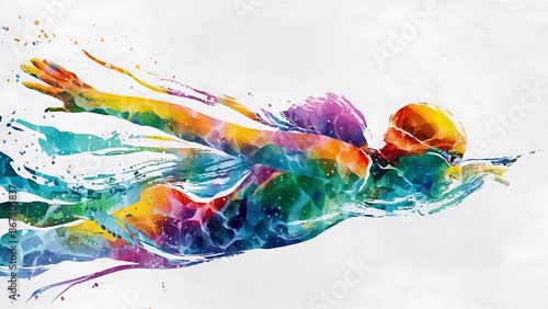 Aquarelle style silhouette a swimmer with brush strokes and splash on white background