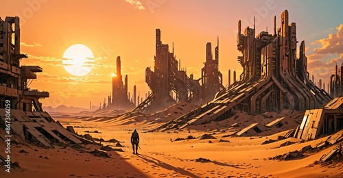 desert sci-fi cyberpunk city at sunset. futuristic dystopian town buildings and tall towers on the horizon. abandoned ghost town.