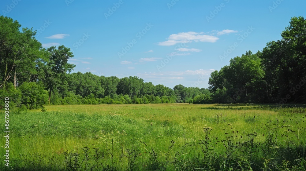 Obraz premium Nature reserve with diverse ecosystems, from dense forests to open meadows, teeming with wildlife under a clear sky