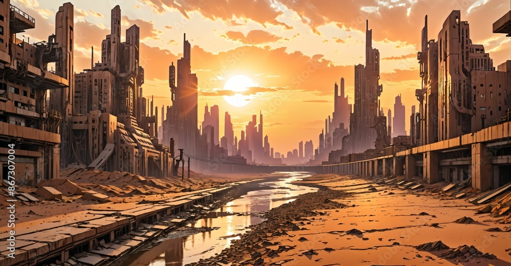 Naklejka premium river through desert sci-fi cyberpunk city at sunset. futuristic dystopian town buildings and tall towers on the horizon. abandoned ghost town oasis.