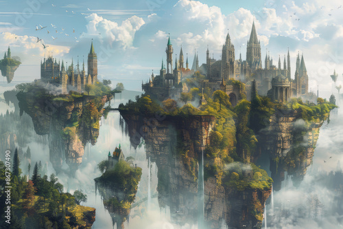 Fantasy landscape showing different levels of a mythical world, featuring floating islands, castles, and diverse terrains.. AI generated.