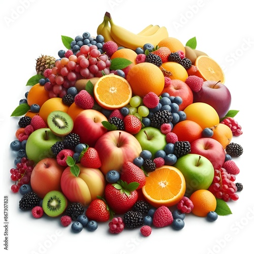 A variety of fresh fruit arranged on a white background.
