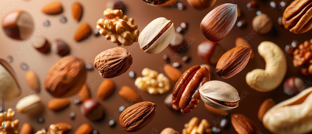 Assorted nuts floating against a warm brown background Assorted nuts floating against a warm brown background