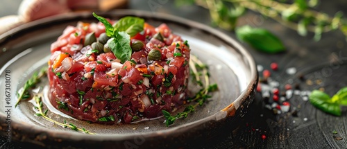 Beef tartare with capers and herbs, gourmet dish