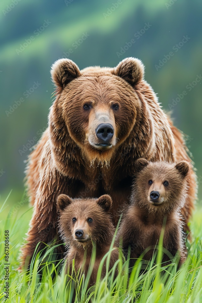 Protective brown bear mother with two cubs standing in a lush green meadow Protective brown bear mother with two cubs standing in a lush green meadow
