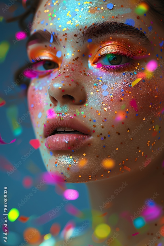 Woman with vibrant makeup, colorful confetti background, closeup Woman with vibrant makeup, colorful confetti background, closeup