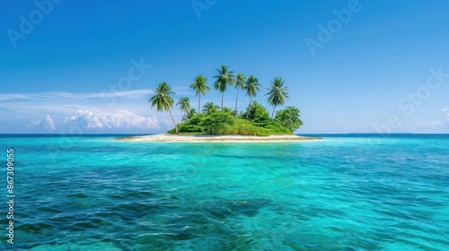 A picturesque tropical island with palm trees and crystalclear waters, inviting exploration and relaxation