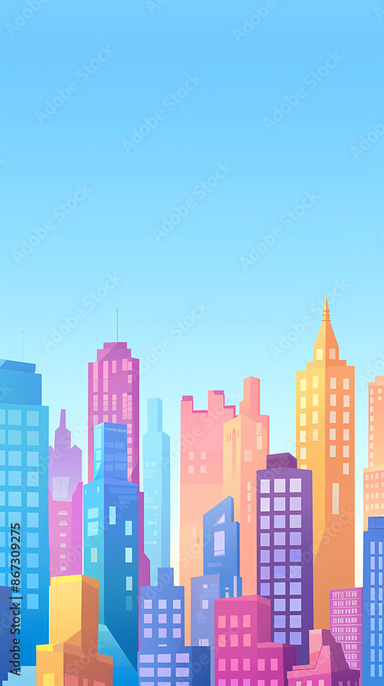 Colorful city skyline with tall buildings Colorful city skyline with tall buildings
