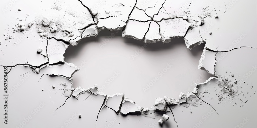 Pristine white wall with a detailed cracked hole depicted in UHD 4K resolution and sharp focus Pristine white wall with a detailed cracked hole depicted in UHD 4K resolution and sharp focus